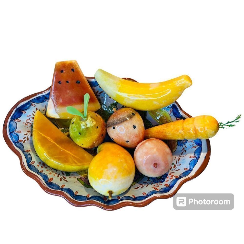 Vintage Lot of 8 Colorful Alabaster Stone Marble Fruit Pieces W Fruit Bowl